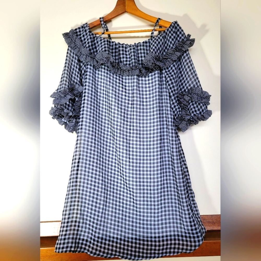 Gabby Skye Women's Black and White Gingham Off-Shoulder Dress Size 10 EUC